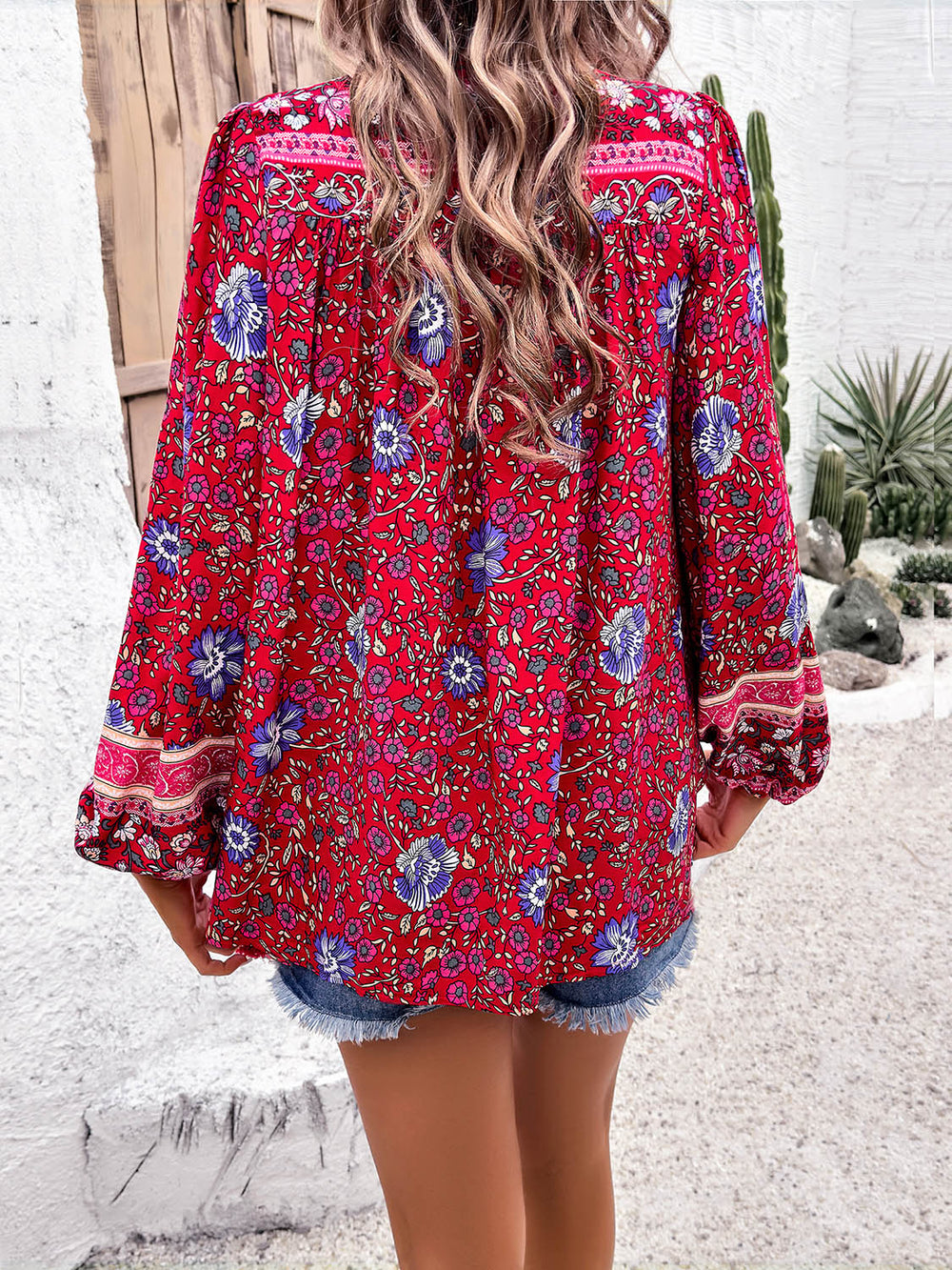 Printed Tie Neck Long Sleeve Blouse Trendsi