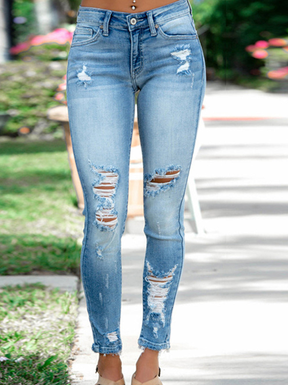 Distressed Buttoned Jeans with Pockets Trendsi