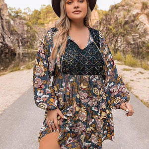 Plus Size Floral Tie Neck Balloon Sleeve Mini Dress Trendsi