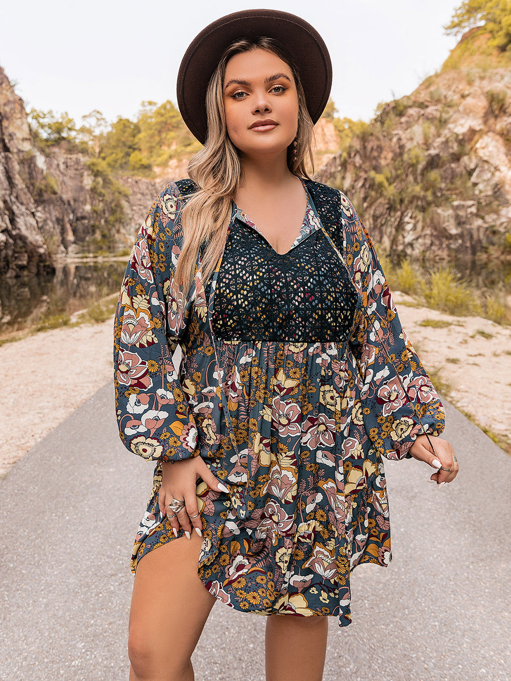 Plus Size Floral Tie Neck Balloon Sleeve Mini Dress Trendsi