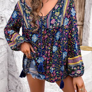 Printed Tie Neck Long Sleeve Blouse Trendsi