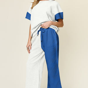 Double Take Full Size Texture Contrast T-Shirt and Wide Leg Pants Set Trendsi