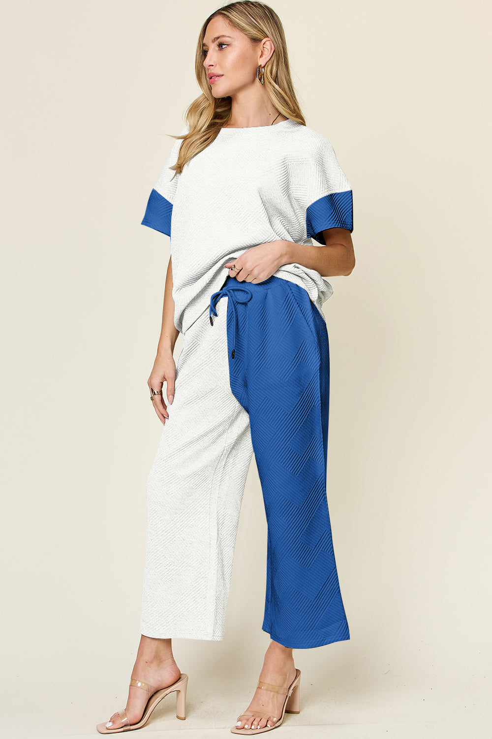 Double Take Full Size Texture Contrast T-Shirt and Wide Leg Pants Set Trendsi