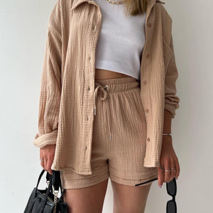 Texture Button Up Shirt and Drawstring Shorts Set Trendsi