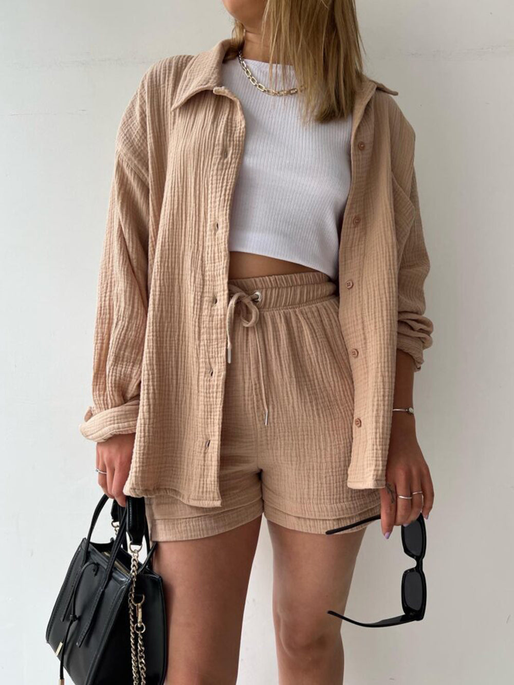 Texture Button Up Shirt and Drawstring Shorts Set Trendsi