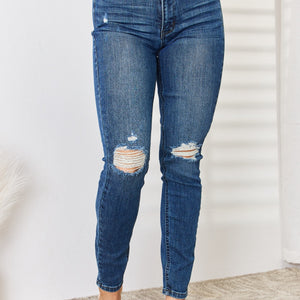 Judy Blue Full Size Mid Waist Distressed Slim Jeans Trendsi