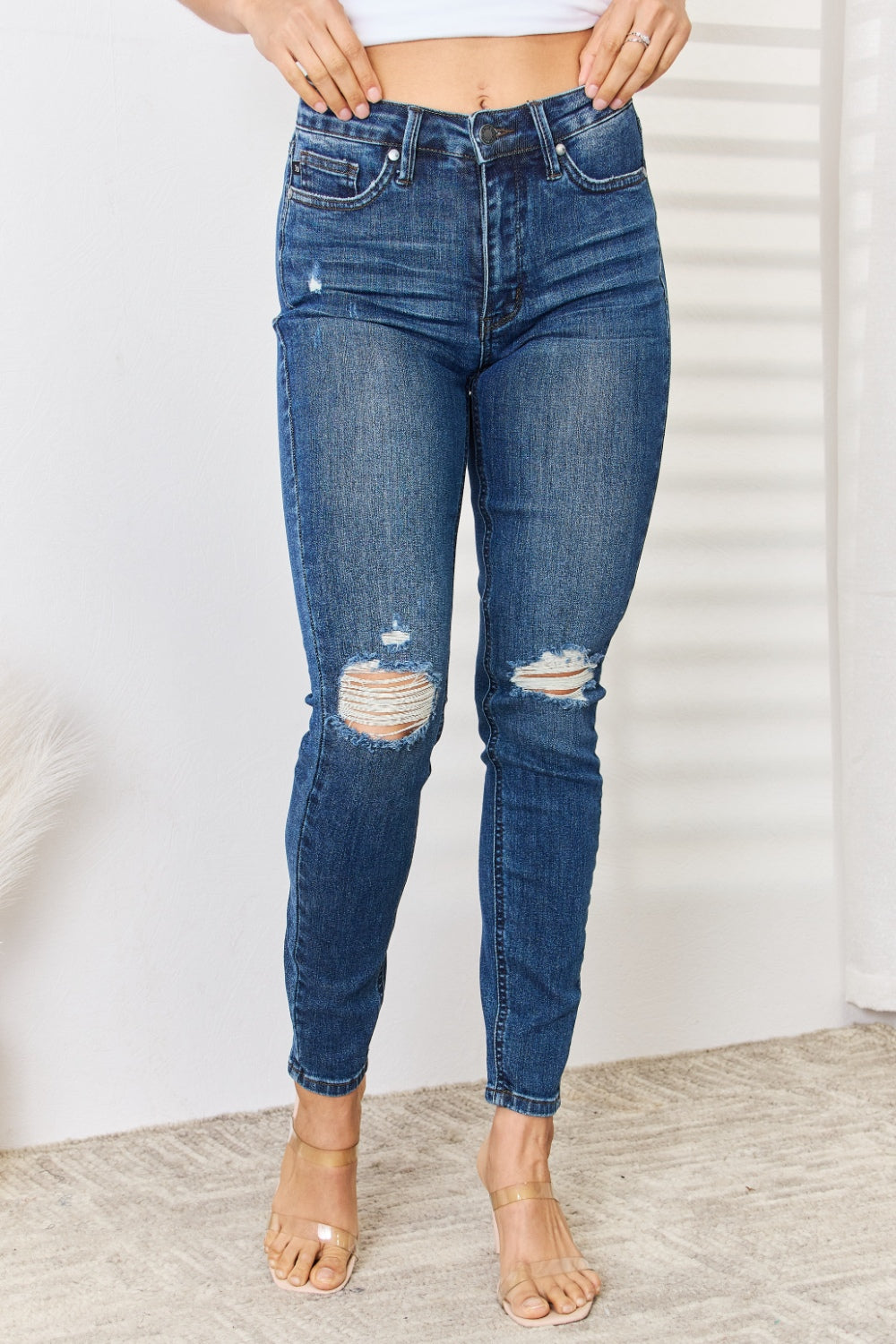 Judy Blue Full Size Mid Waist Distressed Slim Jeans Trendsi