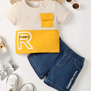 KEEP RUNNING Round Neck Tee and Denim Shorts Set Trendsi