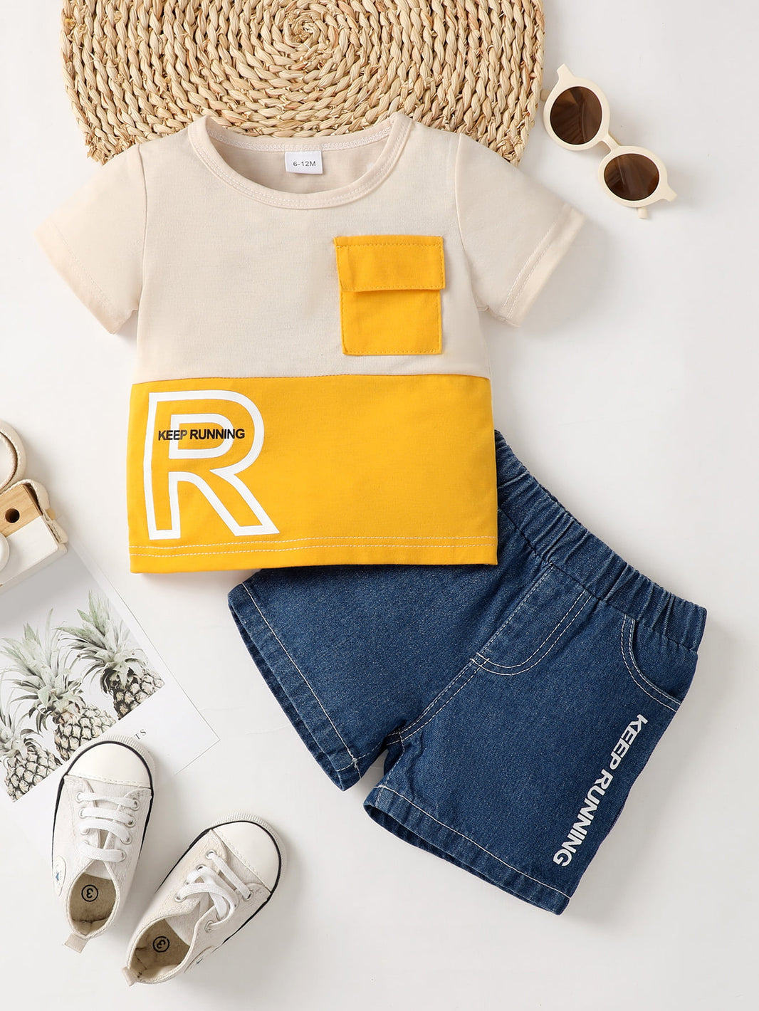 KEEP RUNNING Round Neck Tee and Denim Shorts Set Trendsi