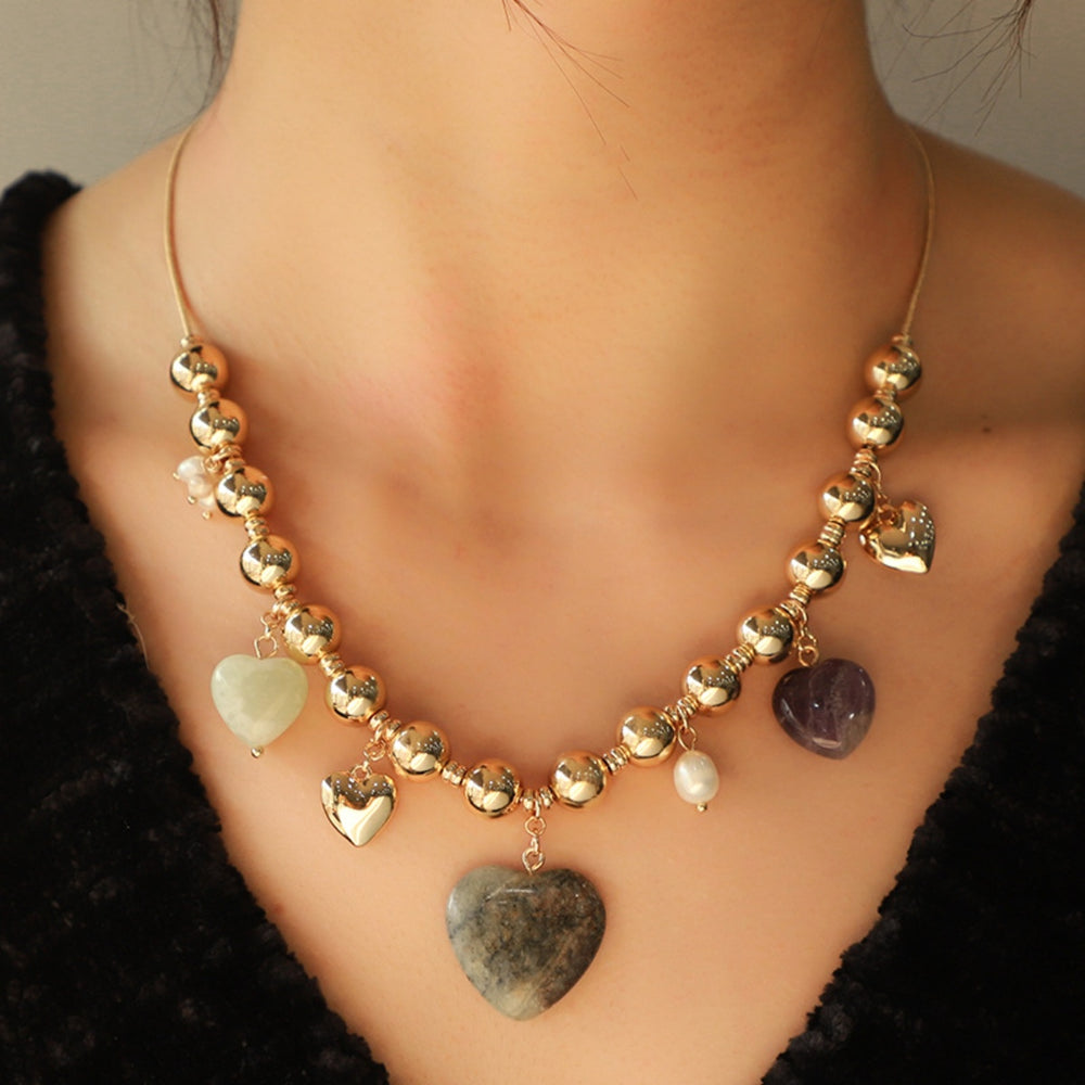 Natural Stone Gold-Plated Heart Necklace Trendsi