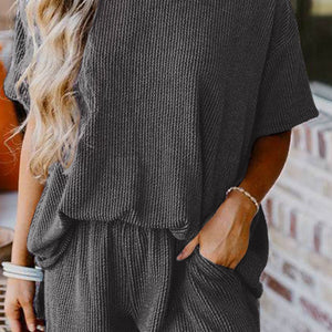 Textured Round Neck Top and Shorts Set Trendsi