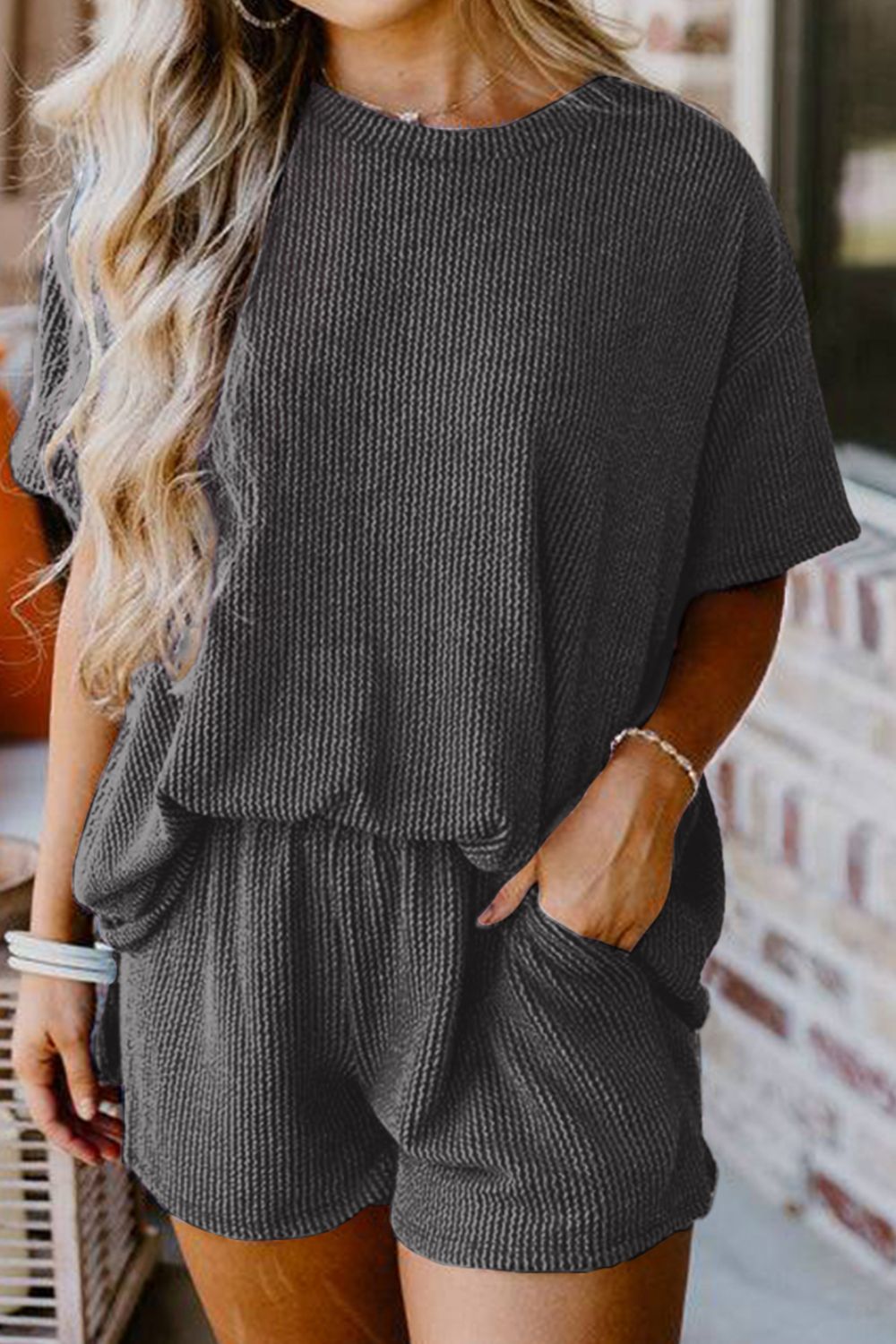 Textured Round Neck Top and Shorts Set Trendsi