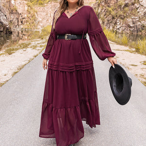 Plus Size Tie Neck Ballon Sleeve Tiered Dress Trendsi