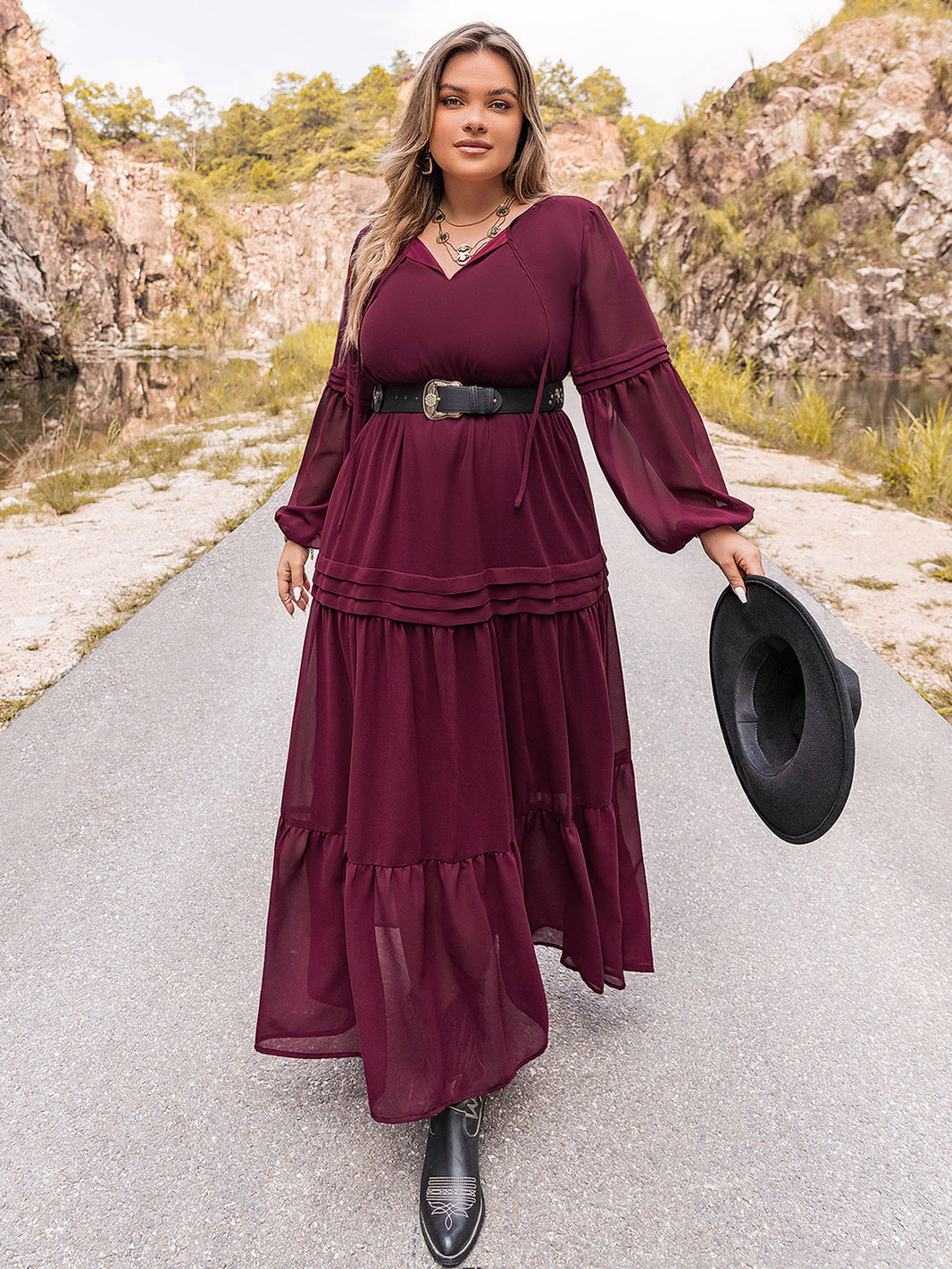 Plus Size Tie Neck Ballon Sleeve Tiered Dress Trendsi