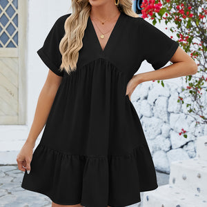 Ruched Tiered V-Neck Short Sleeve Mini Dress Trendsi