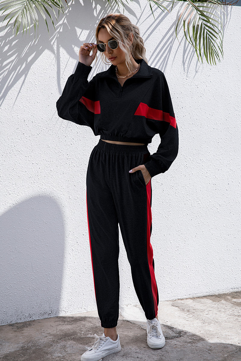 Turtle Neck Long Sleeve Zip-Up Top Long Pants Set Trendsi