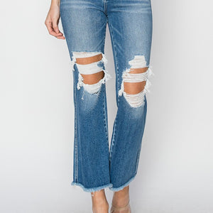 RISEN Mid Rise Distressed Cropped Flare Jeans Trendsi