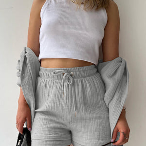 Texture Button Up Shirt and Drawstring Shorts Set Trendsi