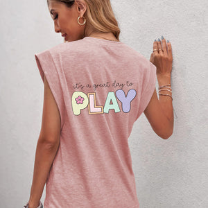 Full Size Letter Graphic Round Neck Cap Sleeve T-Shirt Trendsi