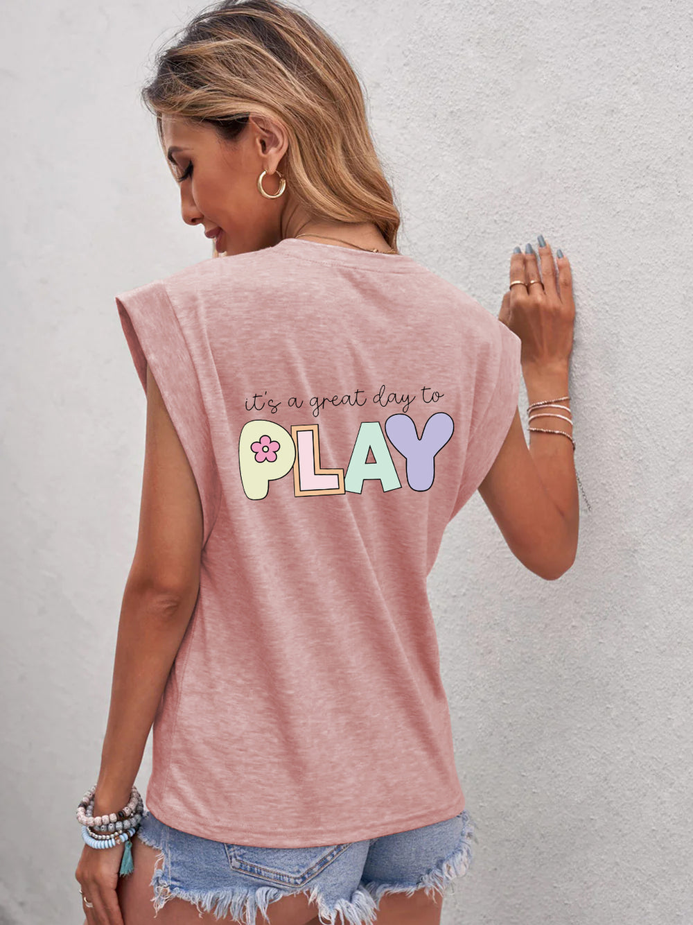 Full Size Letter Graphic Round Neck Cap Sleeve T-Shirt Trendsi