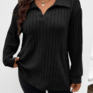 Plus Size Ribbed Johnny Collar Long Sleeve T-Shirt Trendsi