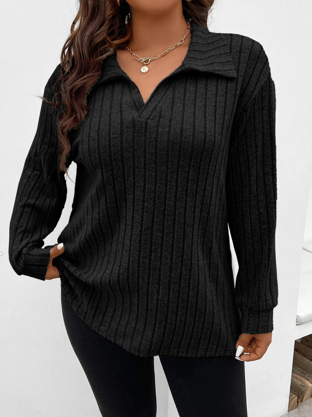 Plus Size Ribbed Johnny Collar Long Sleeve T-Shirt Trendsi