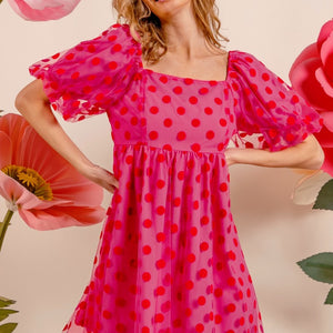 BiBi Polka Dot Mesh Puff Sleeve Dress Trendsi