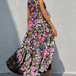 Tiered Printed V-Neck Sleeveless Dress Trendsi