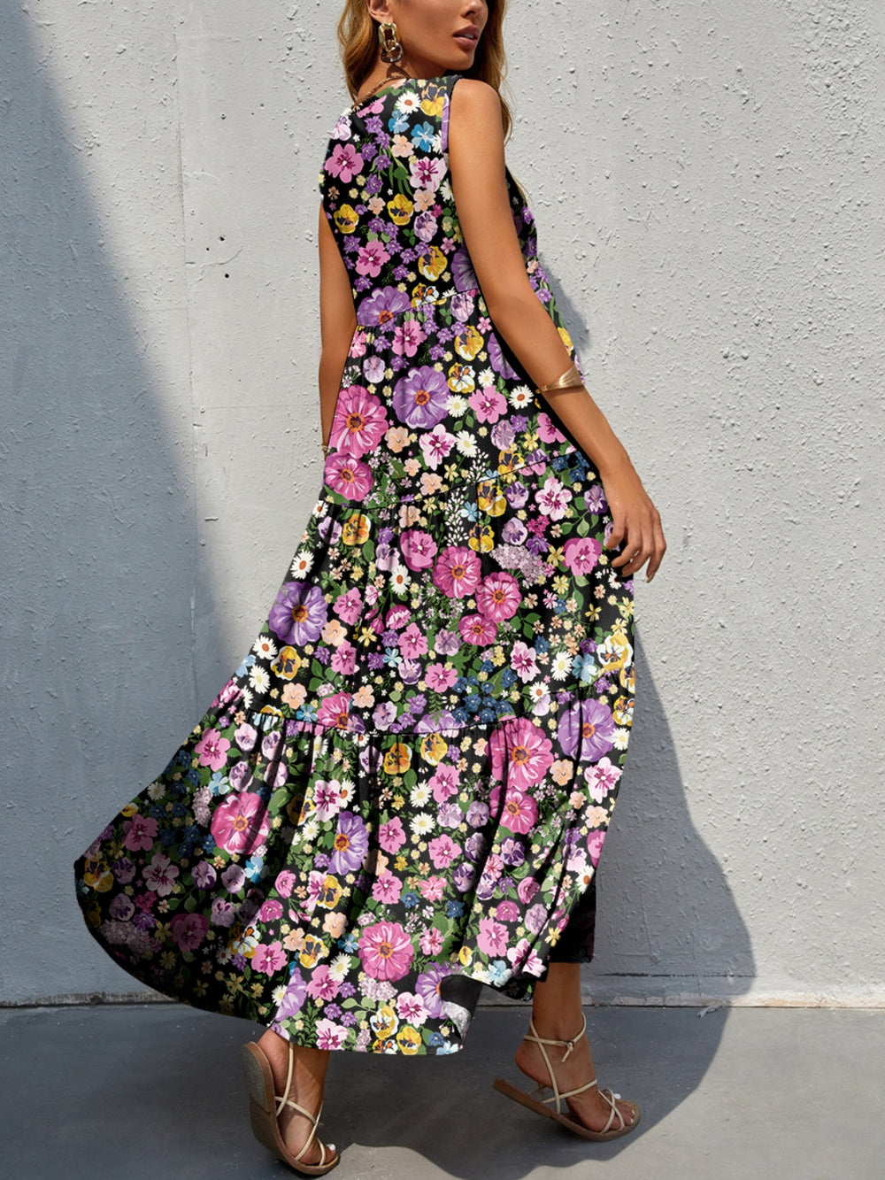 Tiered Printed V-Neck Sleeveless Dress Trendsi