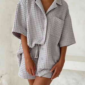 Waffle-Knit Dropped Shoulder Top and Shorts Set Trendsi