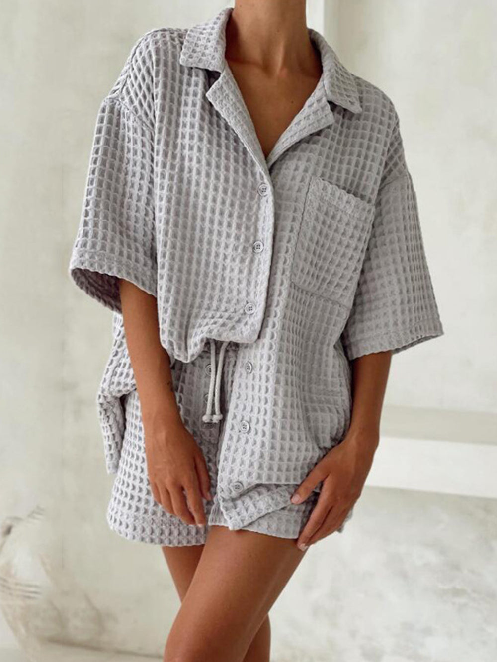 Waffle-Knit Dropped Shoulder Top and Shorts Set Trendsi