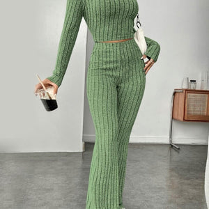 Ribbed Mock Neck Long Sleeve Top and Pants Set Trendsi