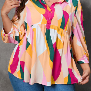 Plus Size Printed Collared Neck Half Button Top Trendsi