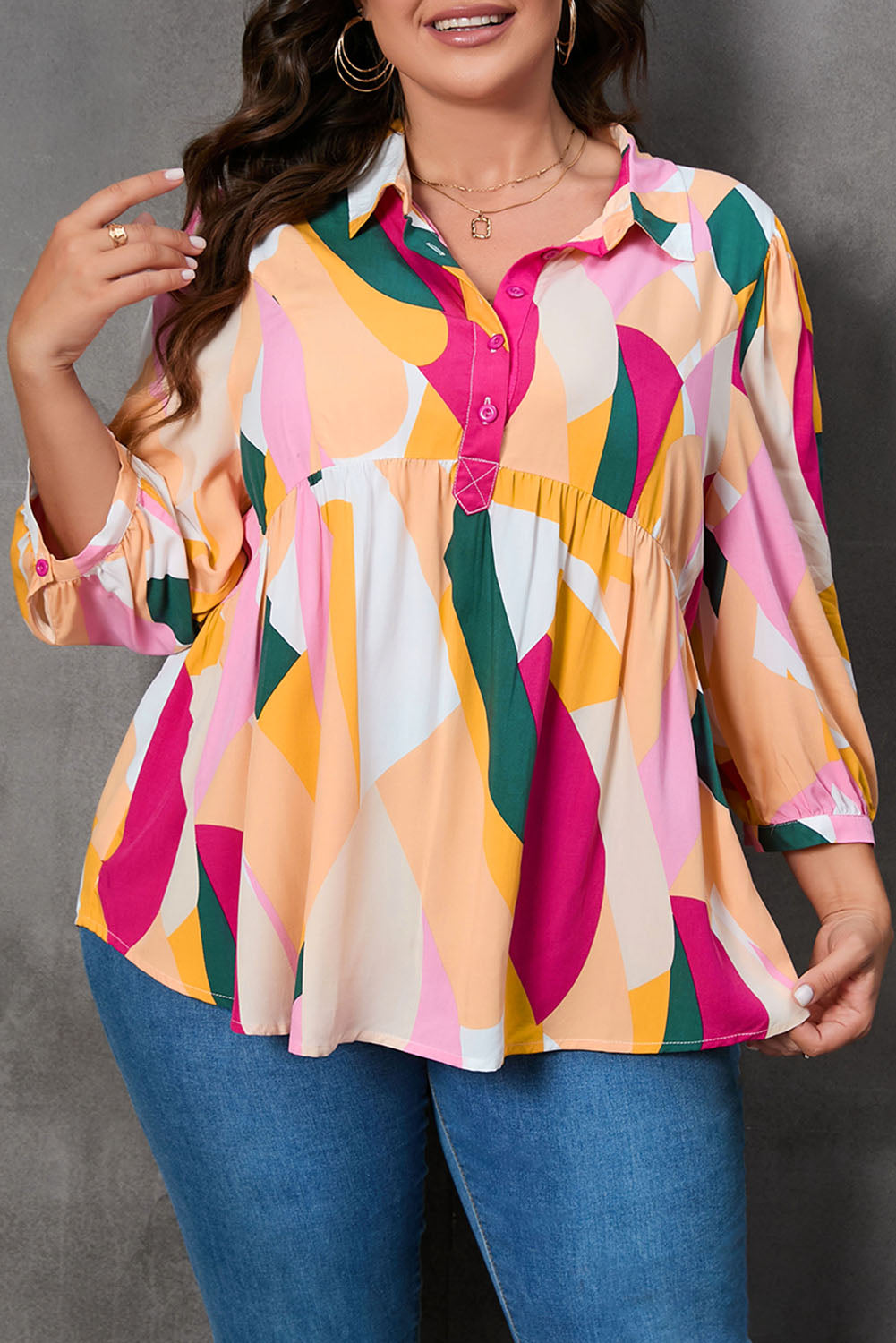 Plus Size Printed Collared Neck Half Button Top Trendsi