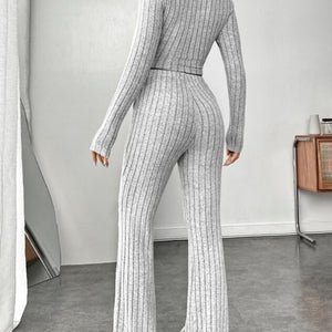 Ribbed Mock Neck Long Sleeve Top and Pants Set Trendsi