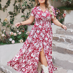 Plus Size Slit Printed V-Neck Maxi Dress Trendsi