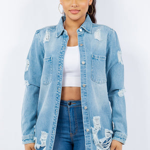 American Bazi Distressed Button Up Long Sleeve Denim Jacket Trendsi