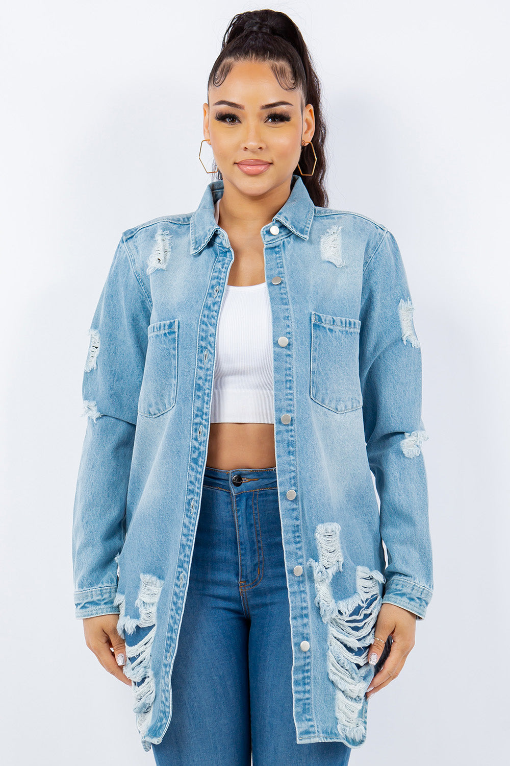 American Bazi Distressed Button Up Long Sleeve Denim Jacket Trendsi