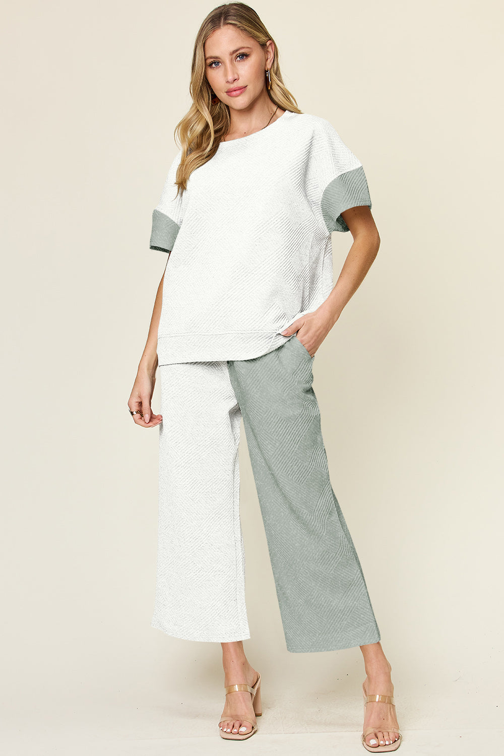 Double Take Full Size Texture Contrast T-Shirt and Wide Leg Pants Set Trendsi