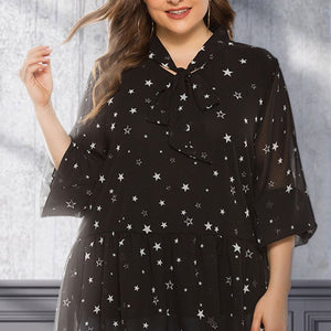 Plus Size Star Print Tie-Neck Peplum Blouse Trendsi