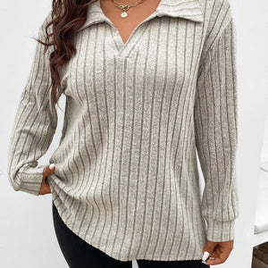 Plus Size Ribbed Johnny Collar Long Sleeve T-Shirt Trendsi