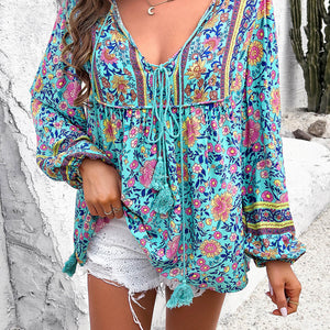 Printed Tie Neck Long Sleeve Blouse Trendsi