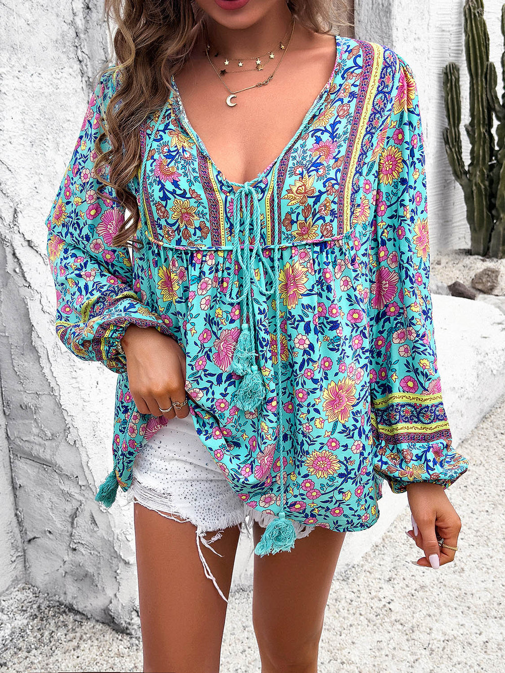 Printed Tie Neck Long Sleeve Blouse Trendsi