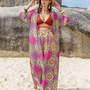 Printed Open Front Cardigan and Pants Set Trendsi