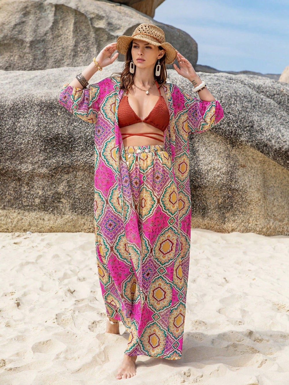 Printed Open Front Cardigan and Pants Set Trendsi