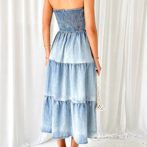 Slit Smocked Tube Tiered Denim Dress Trendsi