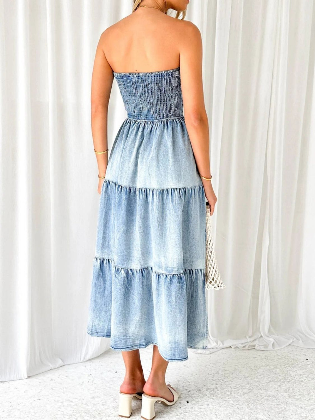 Slit Smocked Tube Tiered Denim Dress Trendsi