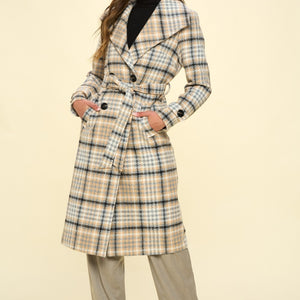 Coalition LA Double-Breasted Plaid Coat with Belt Trendsi