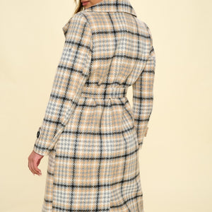 Coalition LA Double-Breasted Plaid Coat with Belt Trendsi