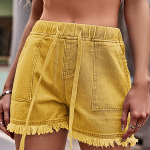 Drawstring Raw Hem Denim Shorts Trendsi